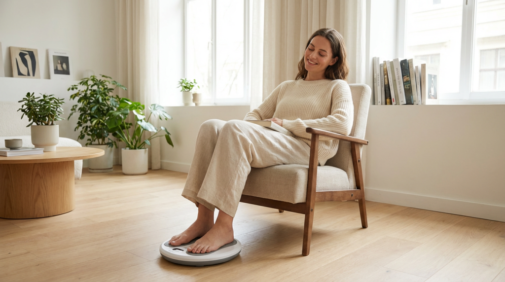 Woman-using-OlyLife- P90-Foo- Therapy Device